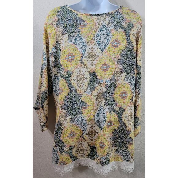 NY Collection Yellow Floral Print Lace Trimmed Hem Top PXL Lightweight Soft - Picture 2 of 6
